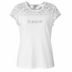 bebe White Lace Cap Sleeve T-Shirt – Rhinestone Logo, Y2K Knit Top, Size Large